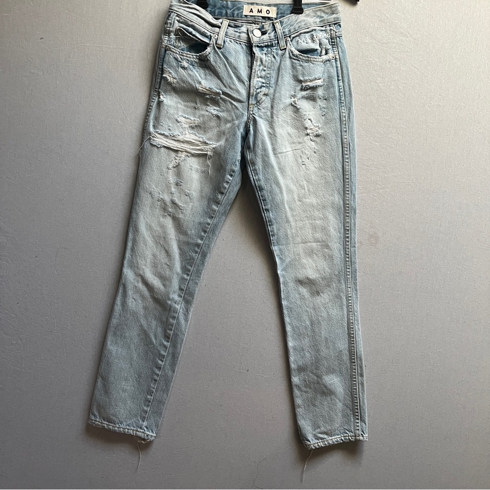 AMO boyfriend relaxed mid rise Buttonfly Distressed Woman Jeans Sz 25